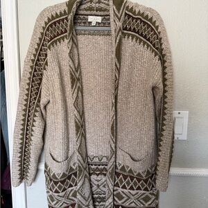 Lucky Brand Olive, Cream & Brown Open-Front Knit Cardigan
